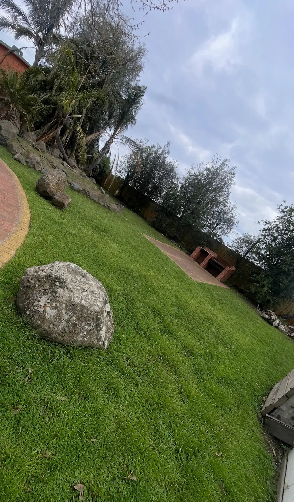 The same backyard with an evenly mown lawn and tidy edges after maintenance