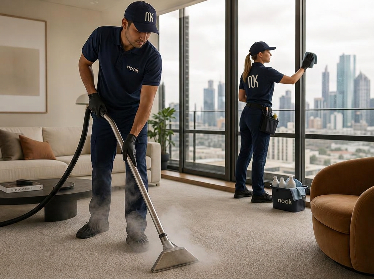 Cleaner steam cleaning carpet in a bright modern Melbourne apartment
