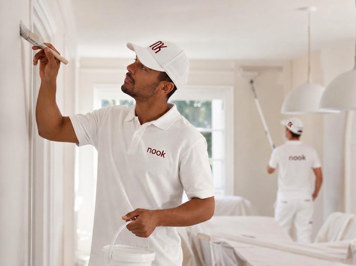 Professional painter carefully cutting in along a skirting board in a Melbourne period home